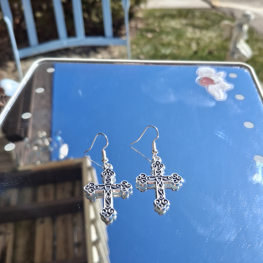 Silver Filigree Cross Dangle Earrings